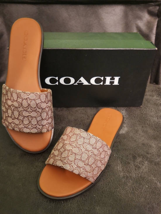 Coach Shoes - COACH Tan & Signature Jacquard Slide Sandals